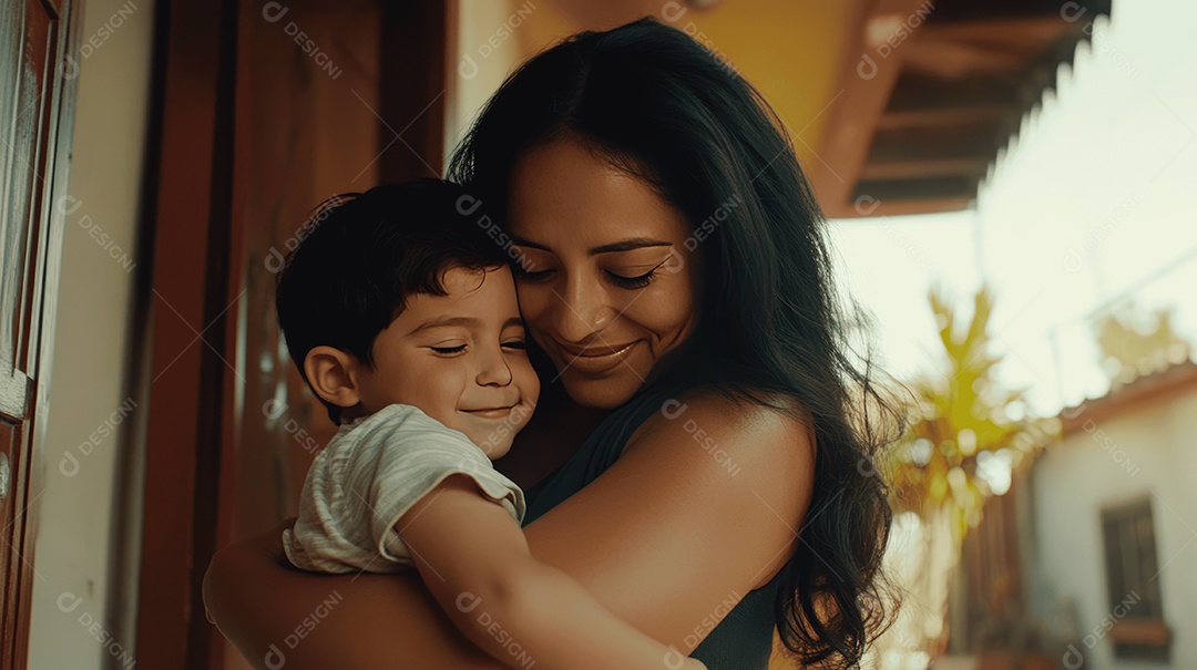 Linda mãe jovem ao lado de seu filho