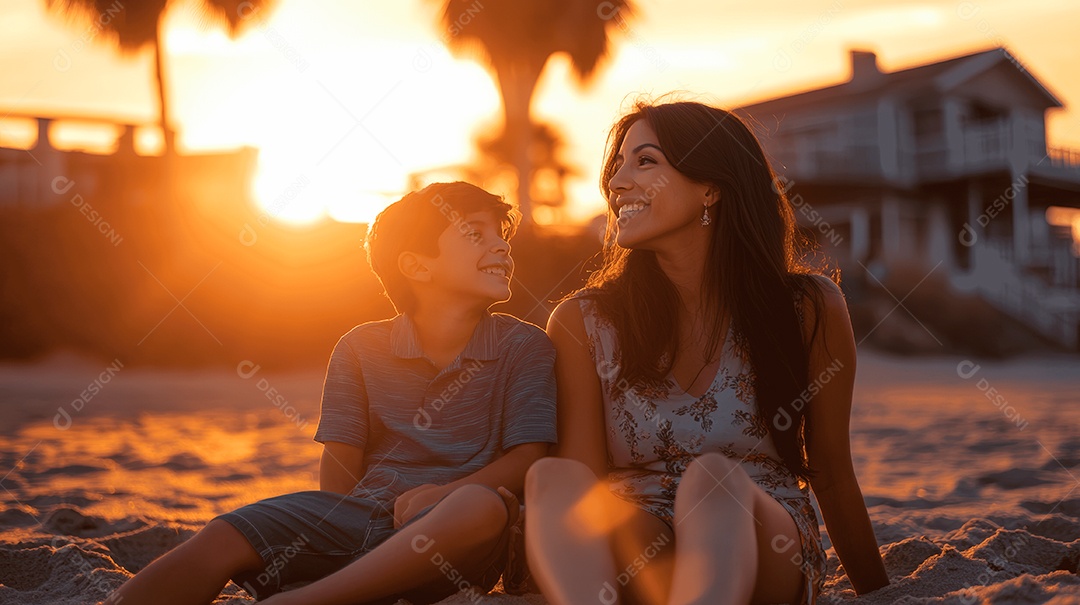 Linda mãe jovem ao lado de seu filho sobre praia