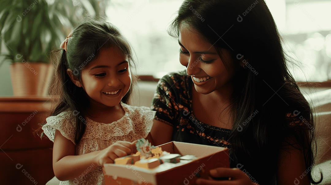 Linda mãe jovem ao lado de sua filha almoçando