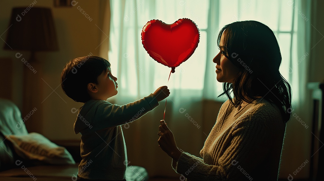 Linda mãe jovem ao lado de seu filho com balão de coração vermelho