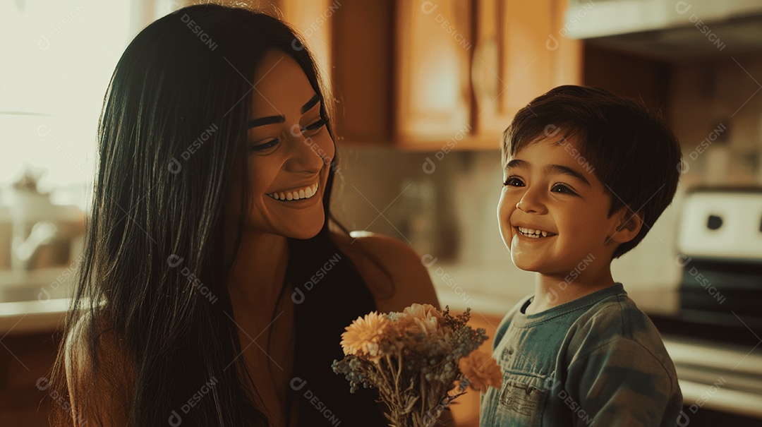 Linda mãe jovem ao lado de seu filho