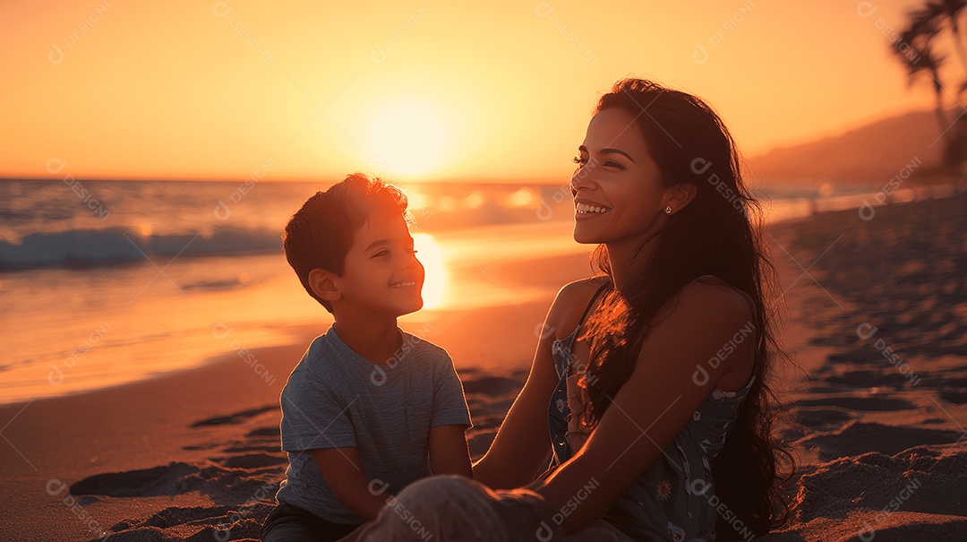 Linda mãe jovem ao lado de seu filho sobre praia