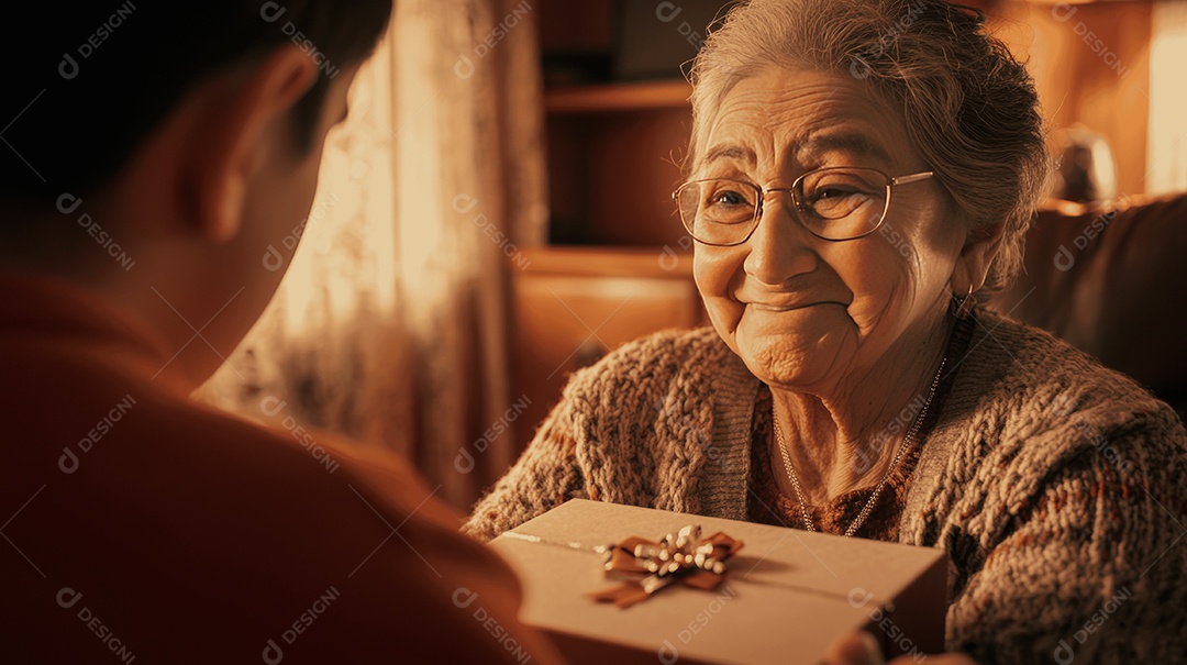 Mãe idosa sendo presenteando por seu filho