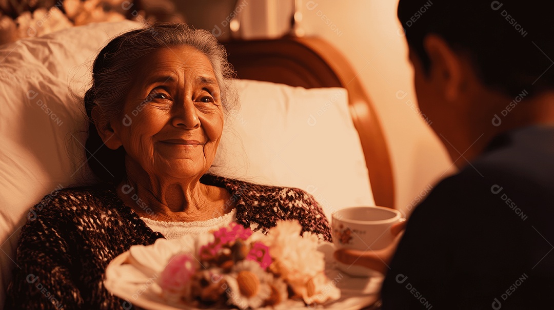 Mãe idosa ganhando café da manã deitada sobre cama de seu filho