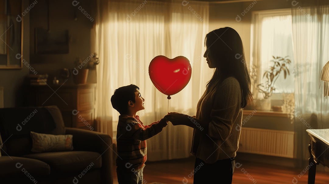 Linda mãe jovem com seu filho usando balão vermelho