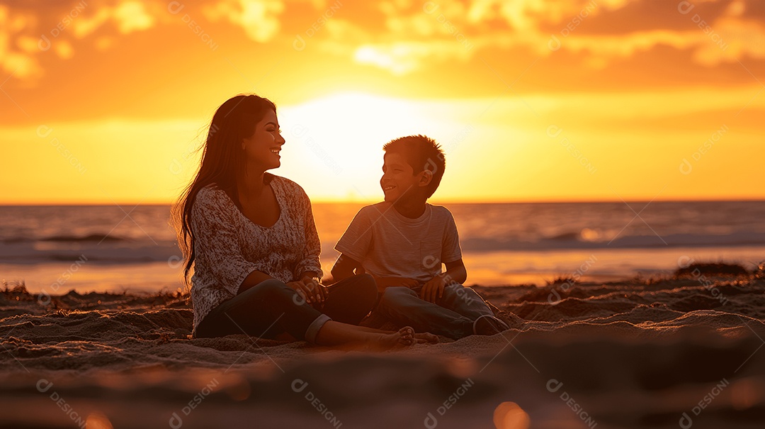 Linda mãe jovem ao lado de seu filho sobre praia