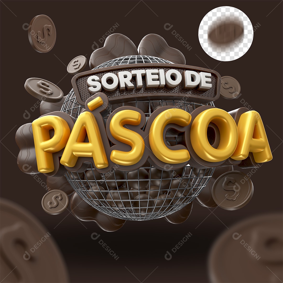 Sorteio de Páscoa Selo 3D Marrom Branco e Dourado para Composição PSD