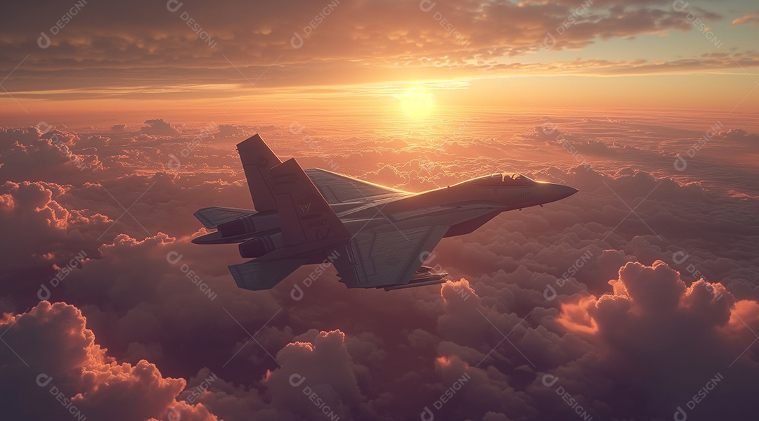 Jato de caça voando acima de nuvens vibrantes durante o pôr do sol