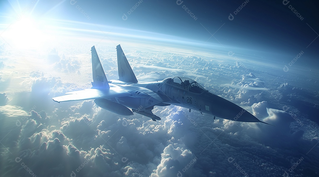 Jato de caça voando acima das nuvens