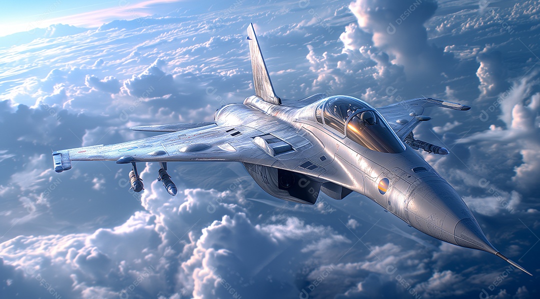 Jato de caça voando acima das nuvens ao pôr do sol