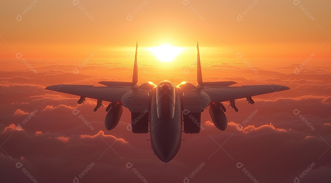 Jato de caça voando acima das nuvens ao pôr do sol