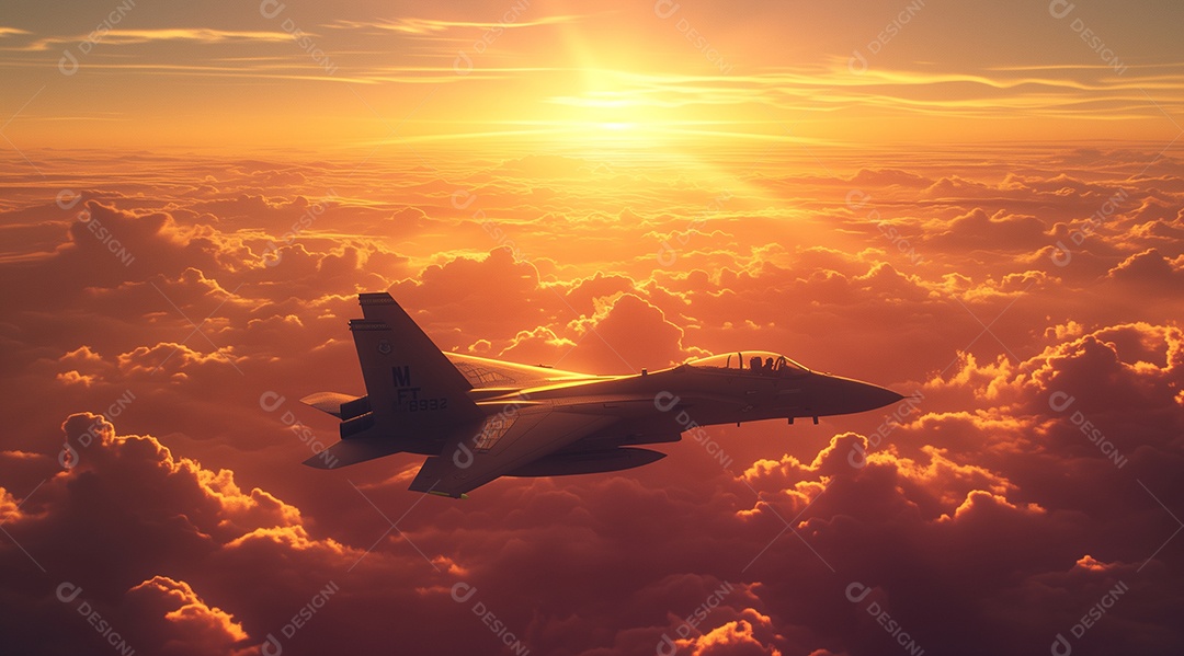 Jato de caça voando acima das nuvens ao pôr do sol