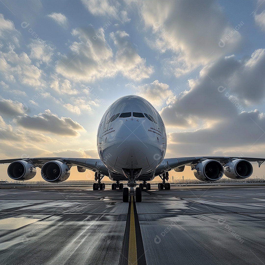 Avião comercial em pista chuvosa à noite