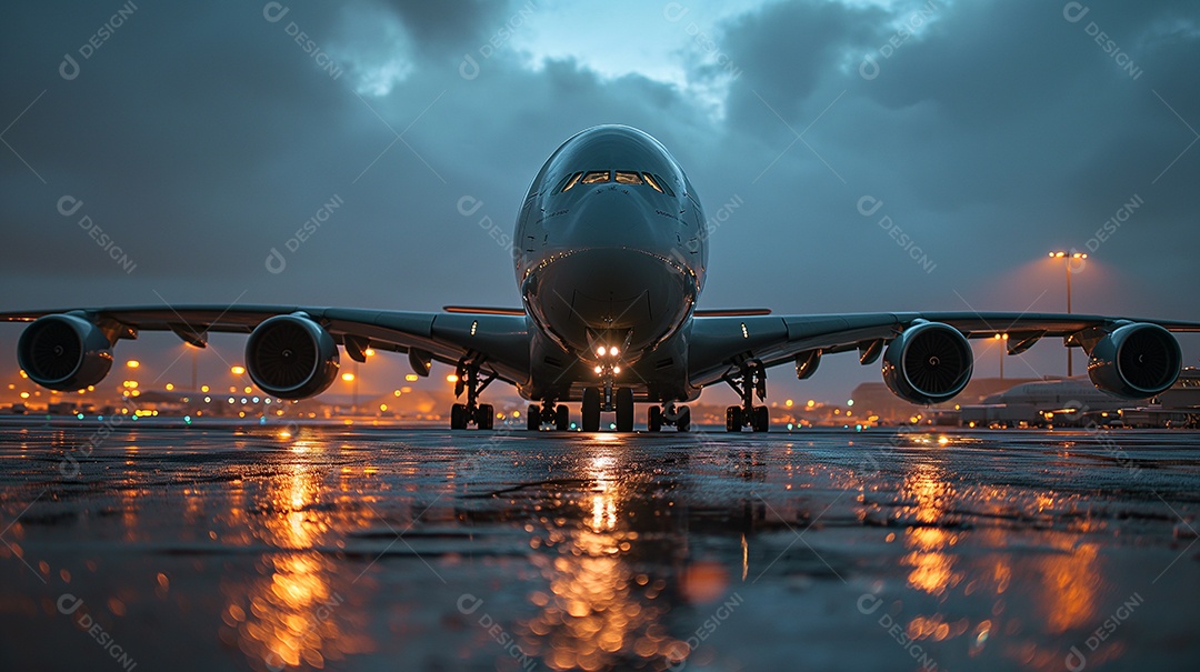 Avião comercial em pista chuvosa à noite