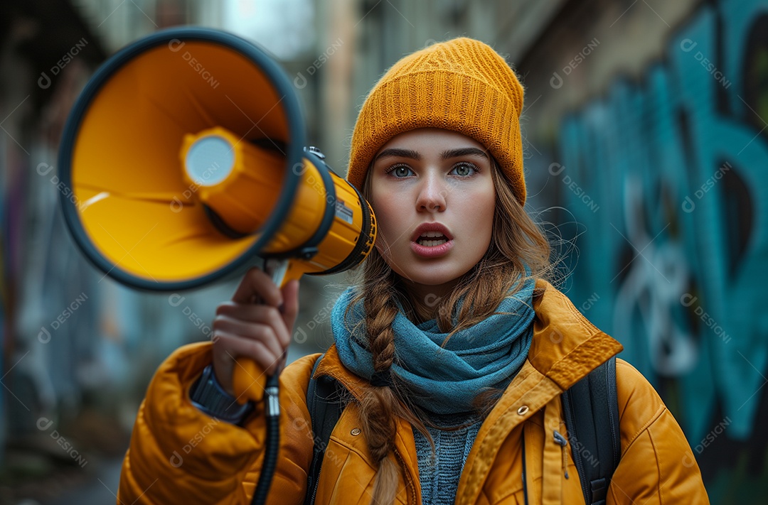 Mulher com roupa amarela vibrante segurando um megafone