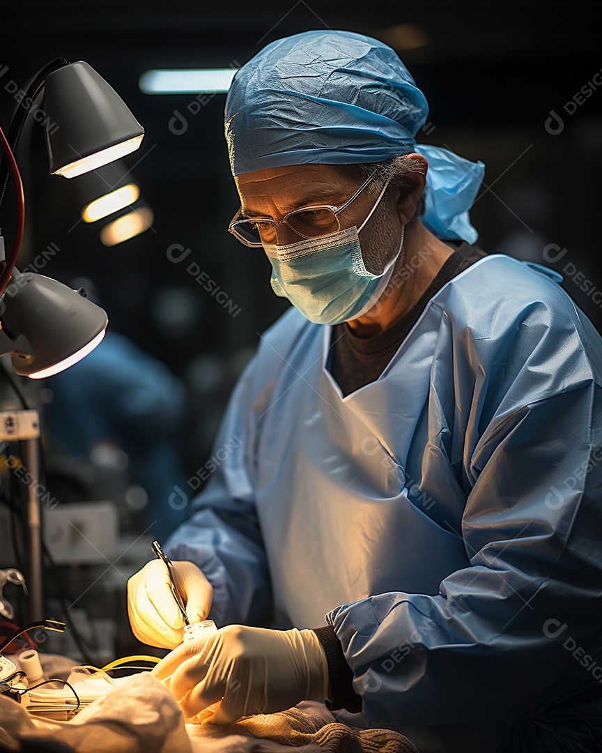 Equipe médica com equipamento de proteção em uma sala de cirúrgia de hospital