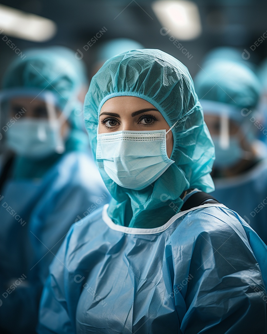 Equipe médica com equipamento de proteção em uma sala de cirúrgia de hospital