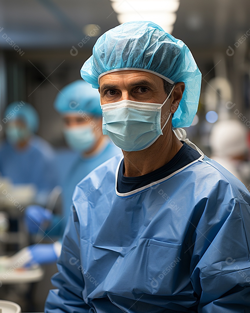 Cirurgião de uniforme azul e máscara em uma sala de cirurgia