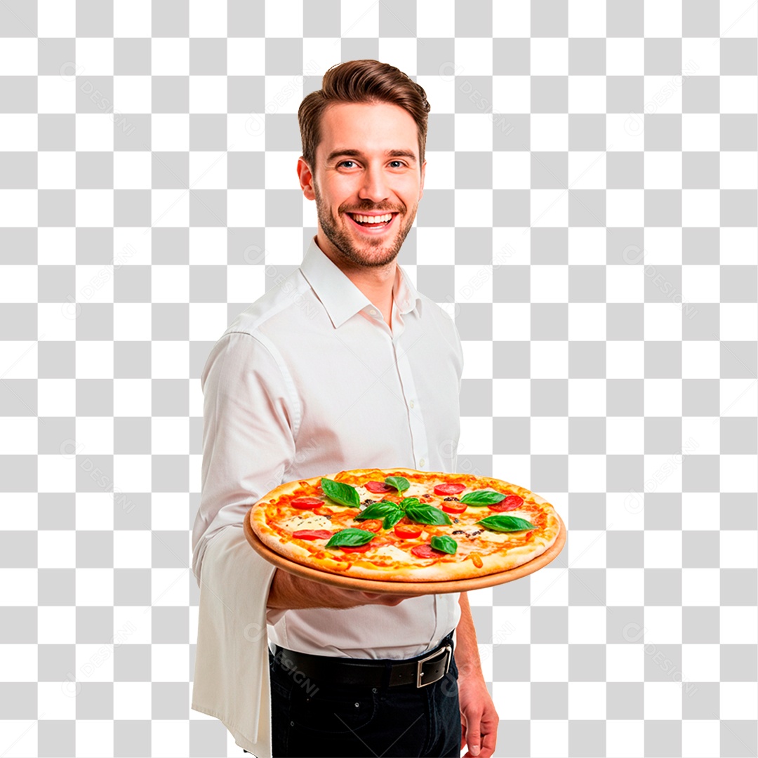 Homem com Badeja de Pizza PNG Transparente