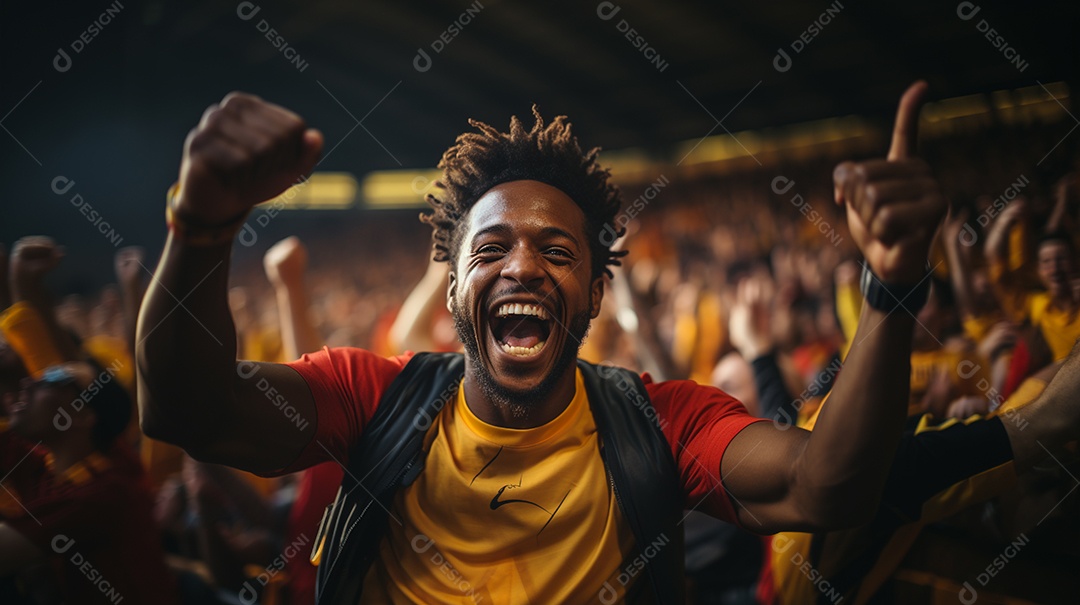 Homem rindo vestindo uma camisa da seleção brasileira expressão de felicidade