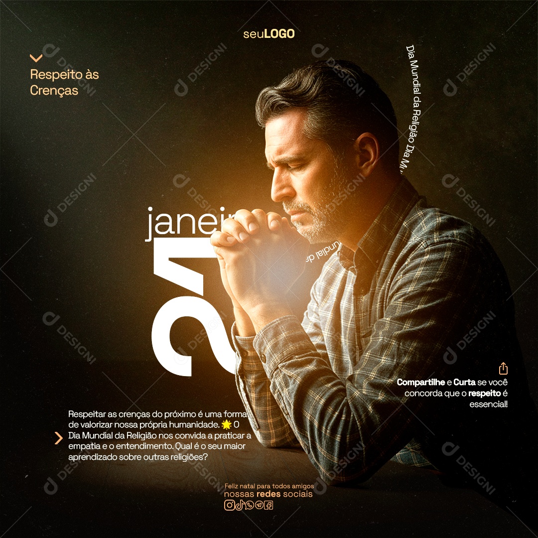 Dia Mundial da Religião 21 de Janeiro Respeito ás Crenças Social Media PSD Editável