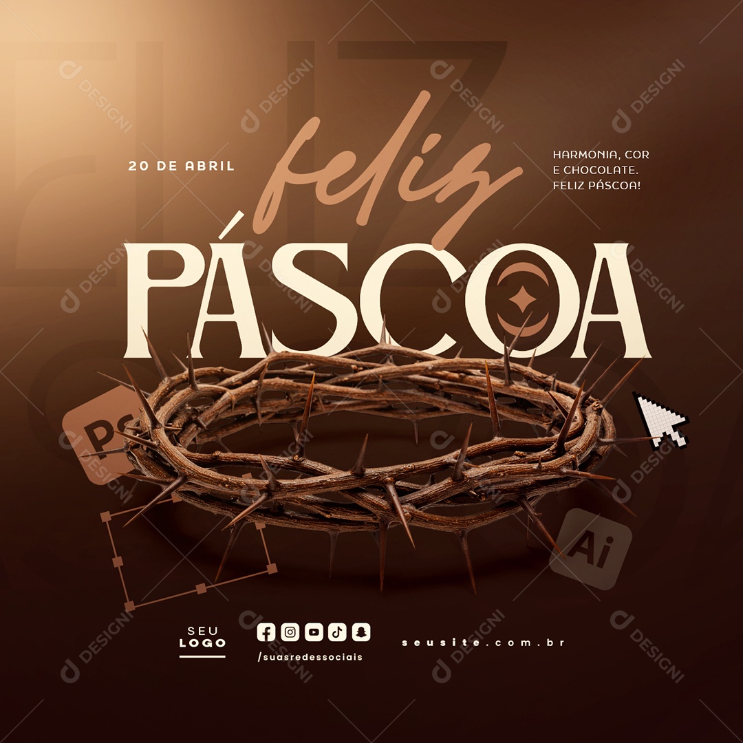 Feliz Páscoa 20 de Abril Harmonia Cor e Chocolate Social Media PSD Editável