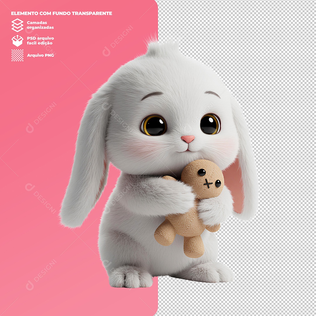 Coelho da Páscoa Segurando Boneco Elemento 3D Para Composição PSD Editável