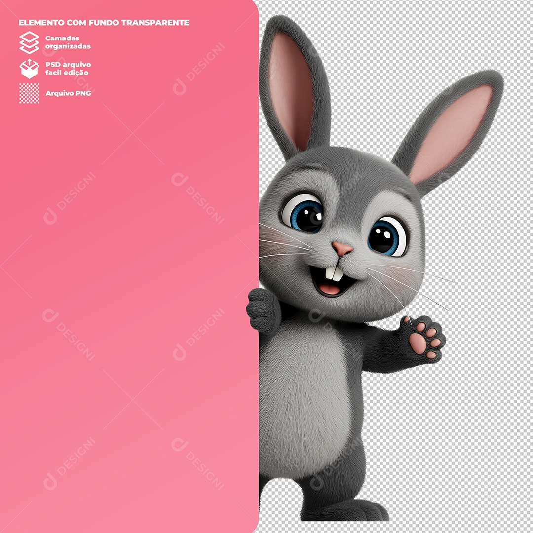 Coelho da Páscoa Acenando Elemento 3D Para Composição PSD Editável