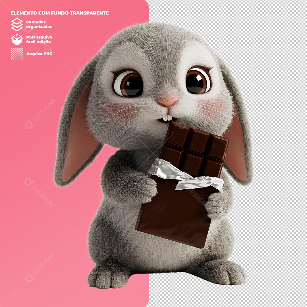 Coelho da Páscoa Segurando Barra de Chocolate Elemento 3D Para Composição PSD Editável