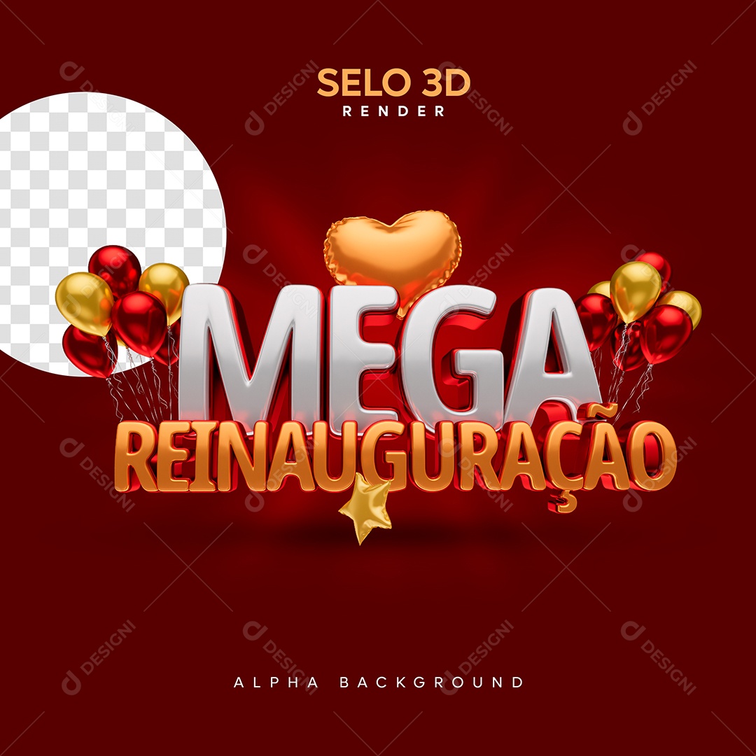 Selo 3D Mega Reinauguração para Composição PSD