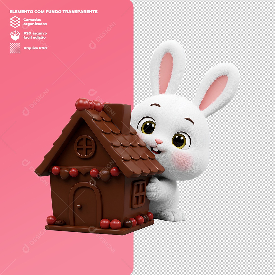Coelho da Páscoa Segurando Casa de Chocolate Elemento 3D Para Composição PSD Editável