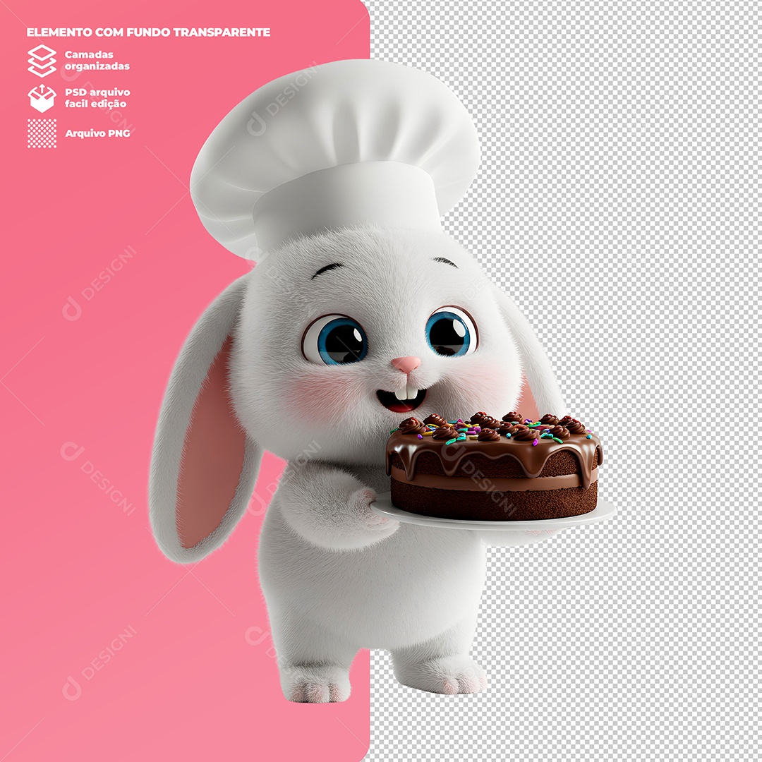 Coelho da Páscoa Segurando Bolo de Chocolate Elemento 3D Para Composição PSD Editável