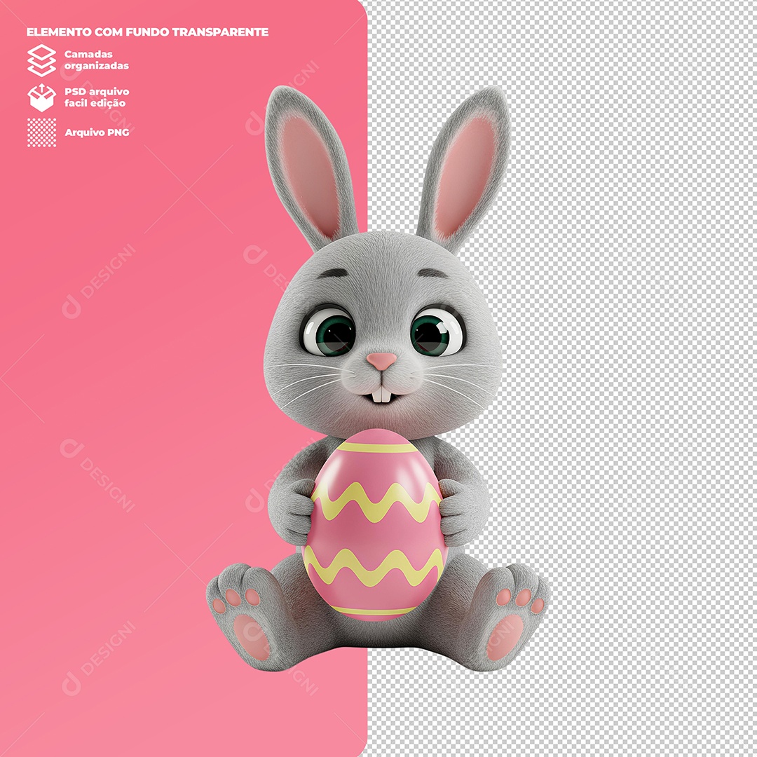 Coelho da Páscoa Segurando Ovo da Páscoa Elemento 3D Para Composição PSD Editável