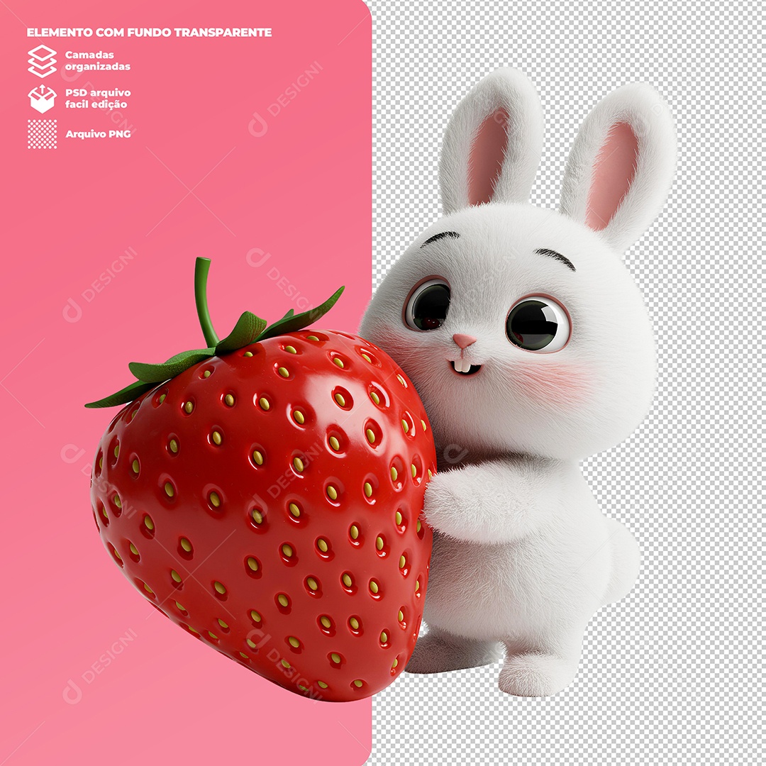 Coelho da Páscoa Segiurando Morango Elemento 3D Para Composição PSD Editável