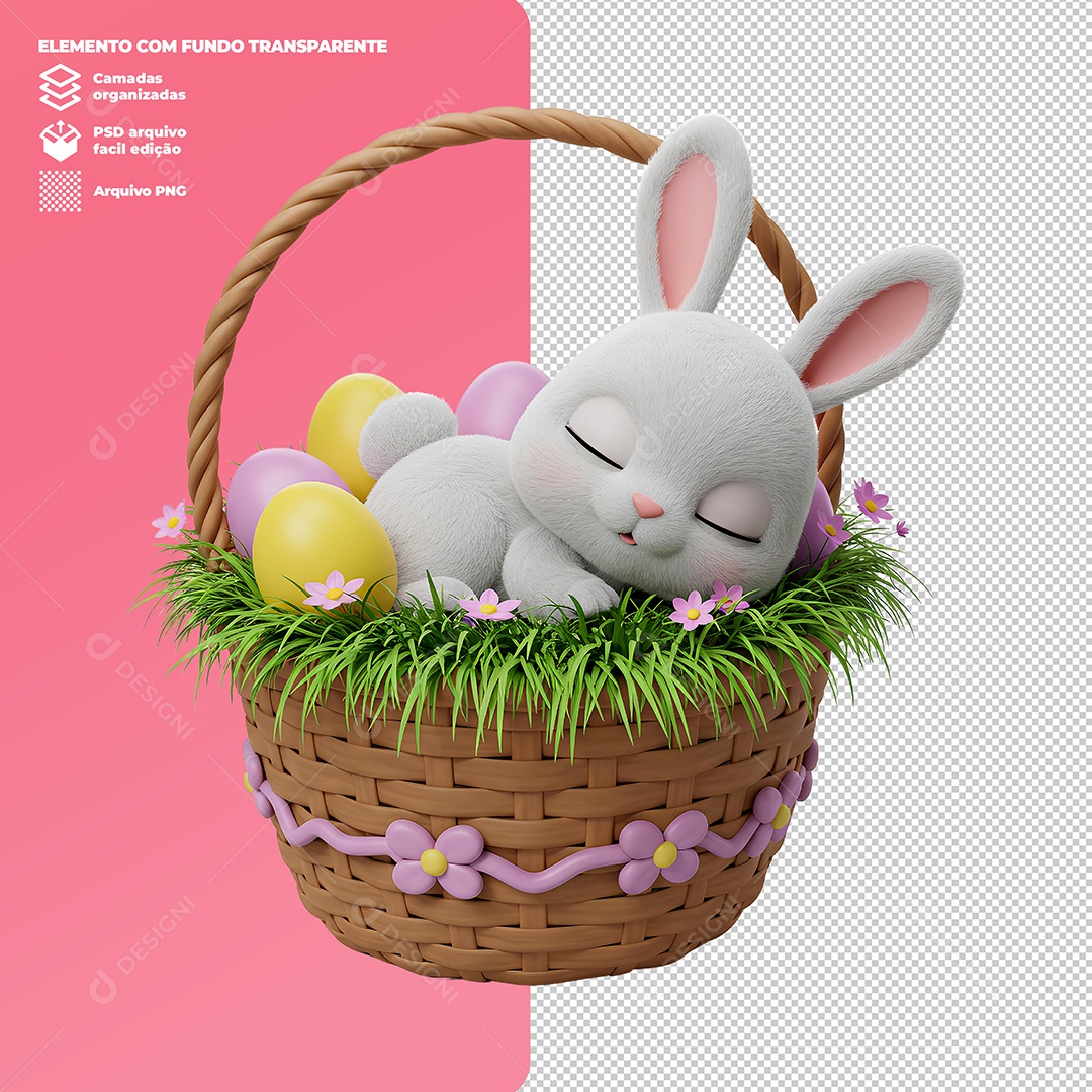 Coelho da Páscoa Coelho Dormindo Na CestaElemento 3D Para Composição PSD Editável