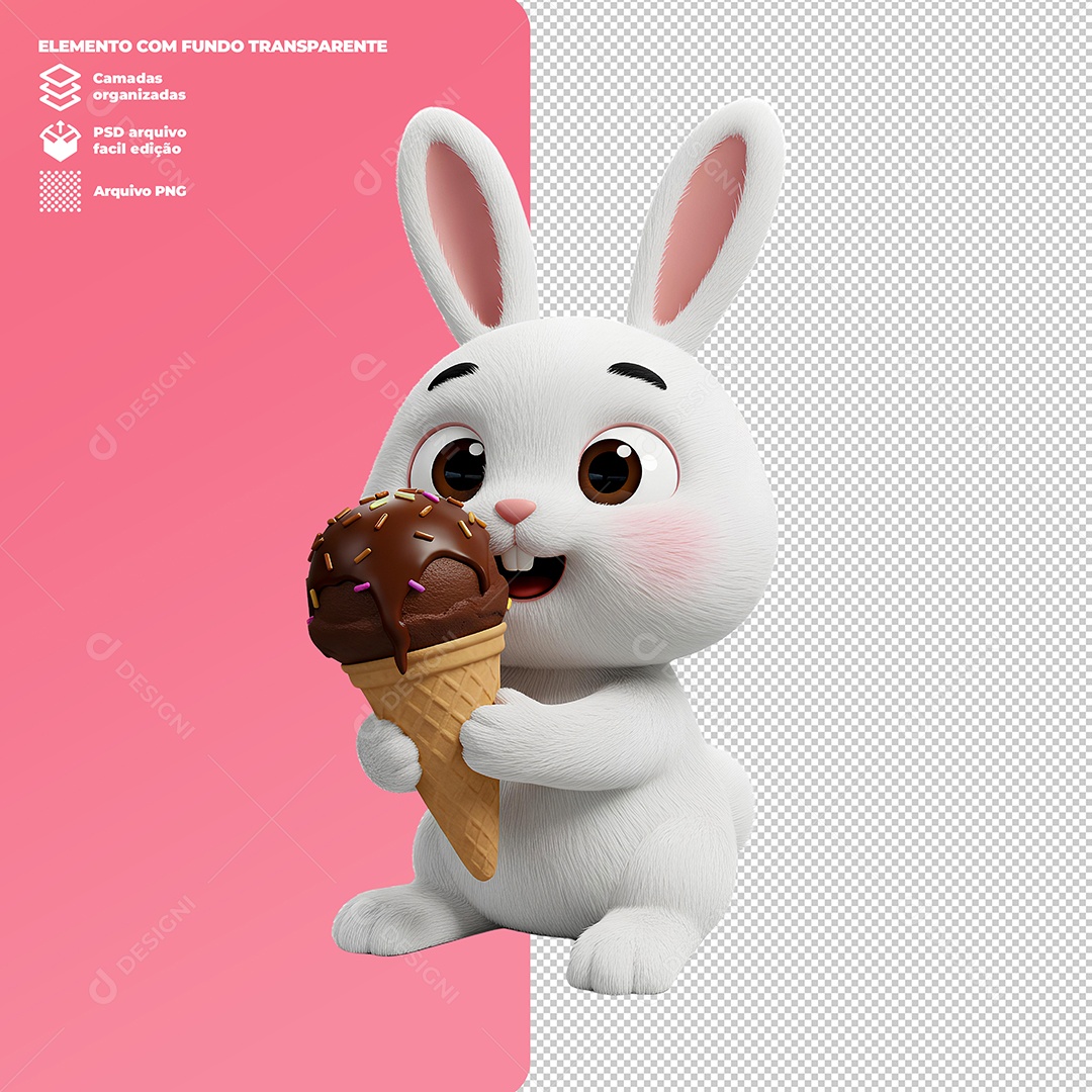 Coelho da Páscoa Segurando Sorvete de Chocolate Elemento 3D Para Composição PSD Editável