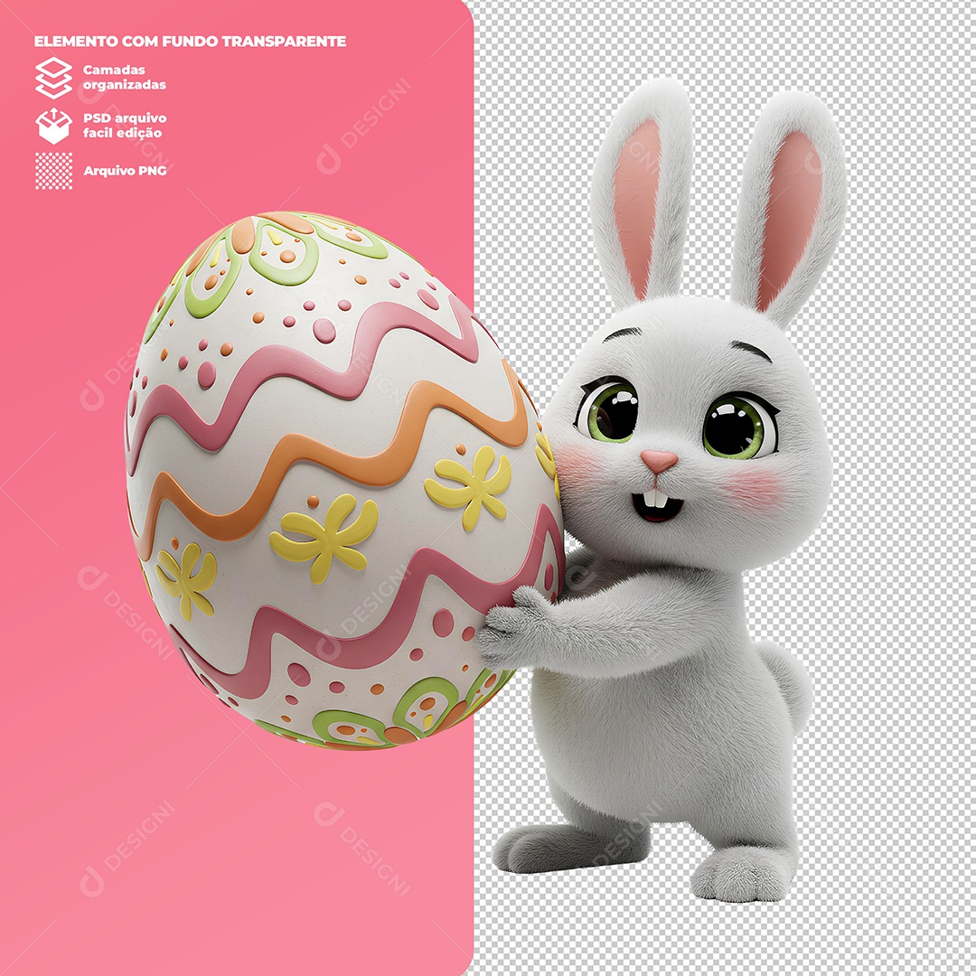 Coelho da Páscoa Seguarando Ovo Elemento 3D Para Composição PSD Editável