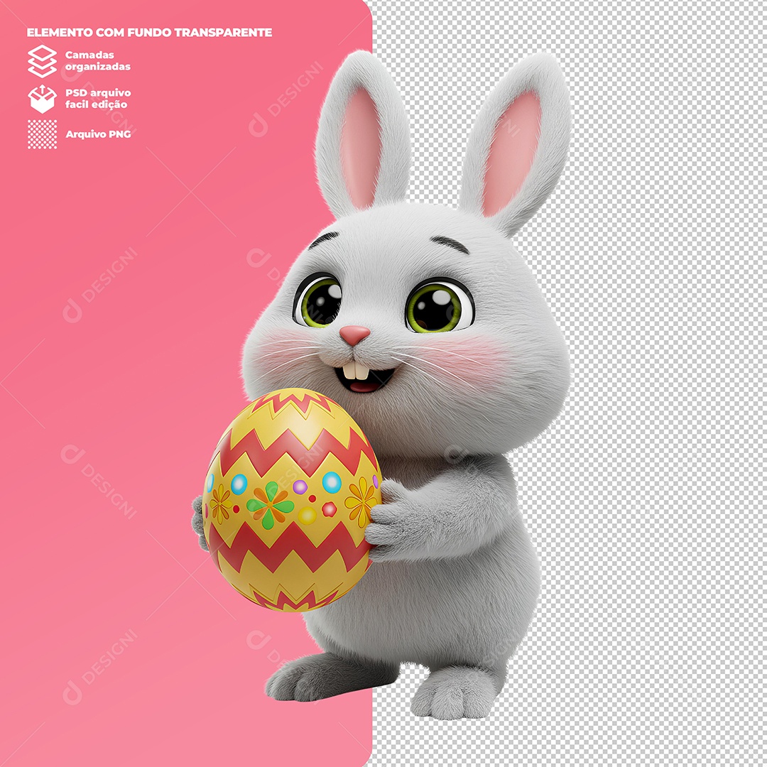 Coelho da Páscoa Segurando Ovo Elemento 3D Para Composição PSD Editável