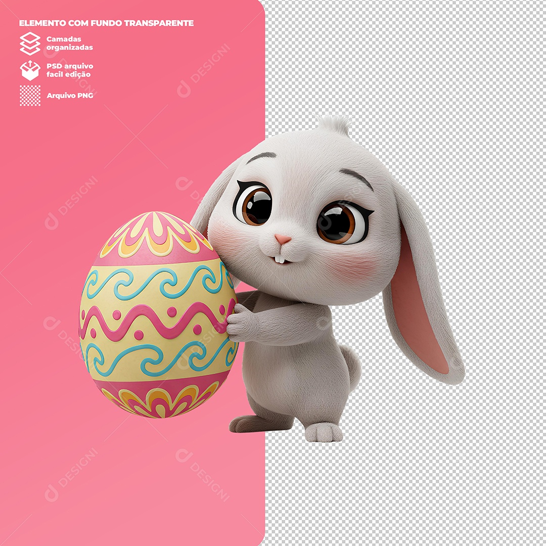 Coelho da Páscoa Segurando Ovo Elemento 3D Para Composição PSD Editável