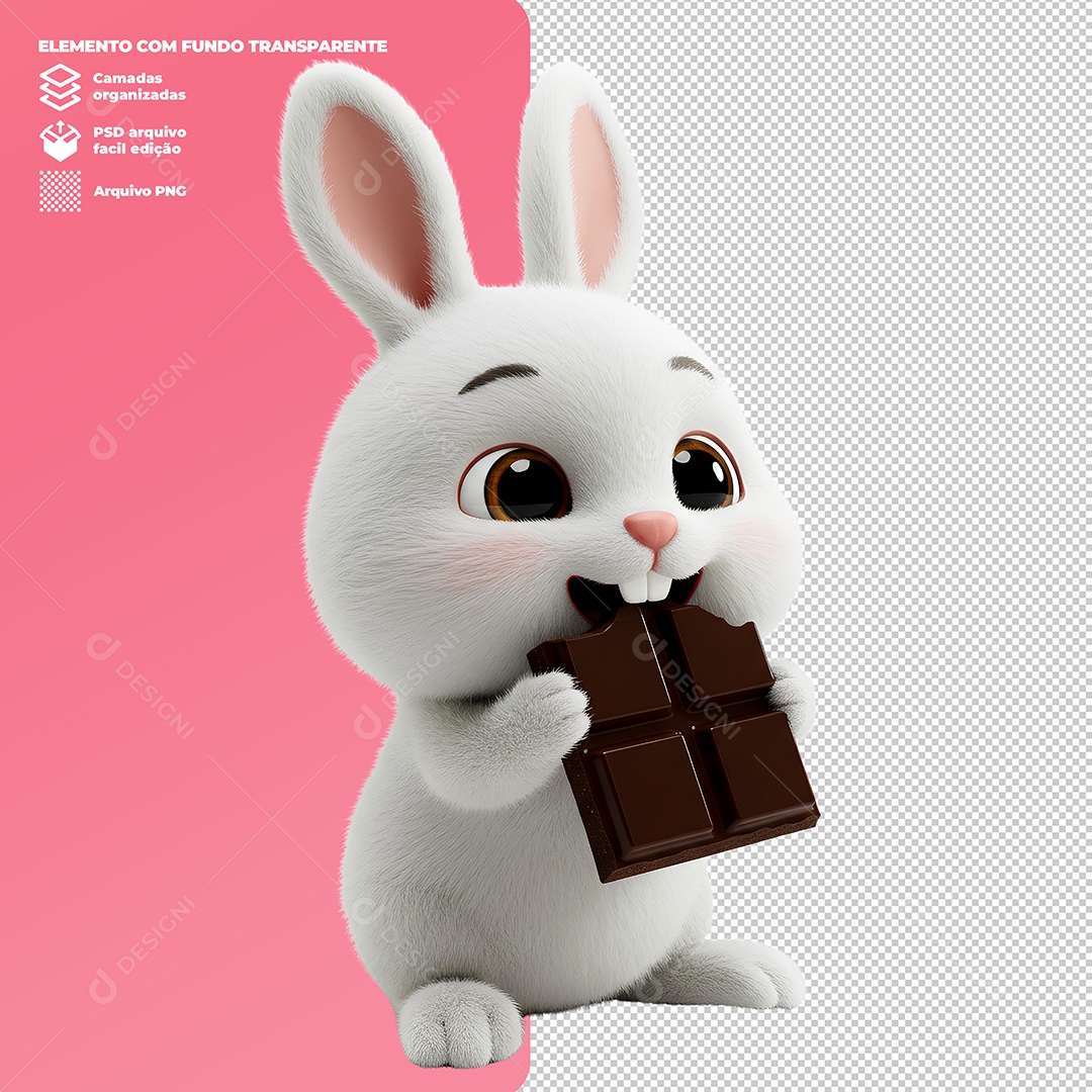 Coelho da Páscoa Comendo Chocolate Elemento 3D Para Composição PSD Editável