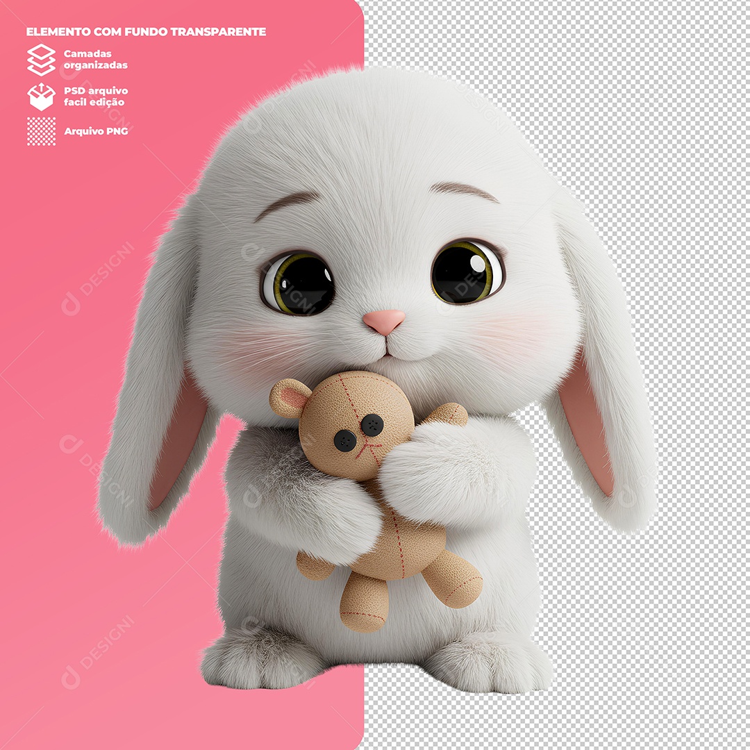 Coelho da Páscoa Segurando Boneco Elemento 3D Para Composição PSD Editável