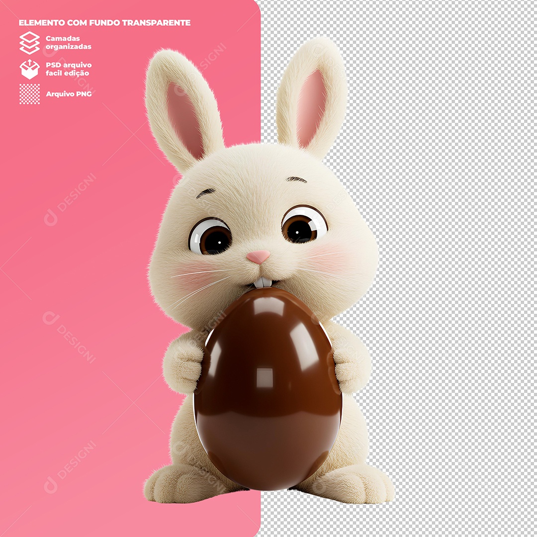 Coelho da Páscoa Segurando Ovo de Chocolate Elemento 3D Para Composição PSD Editável