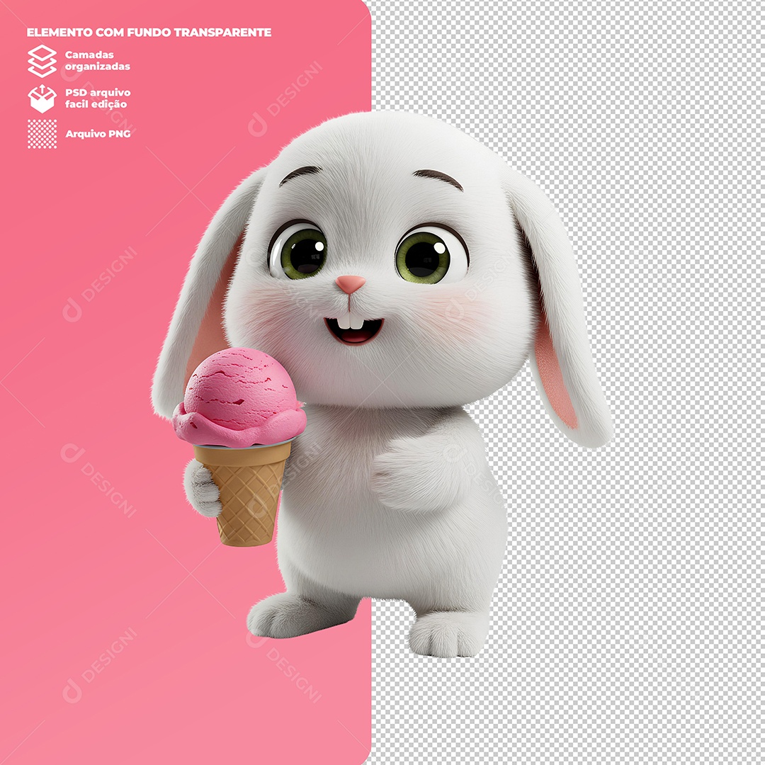 Coelho da Páscoa Segurando Sorvete Elemento 3D Para Composição PSD Editável