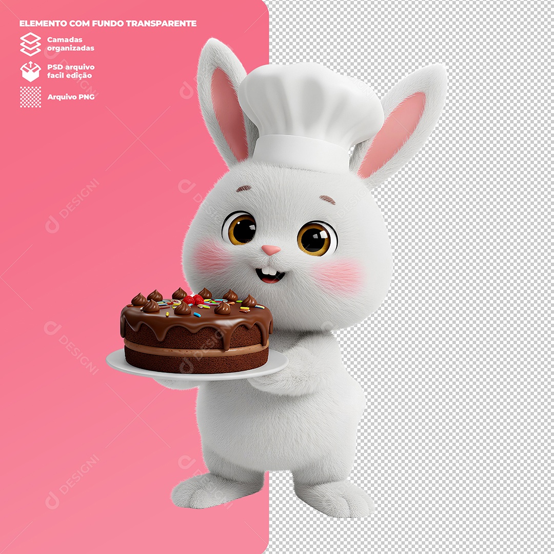 Coelho da Páscoa Segurando Bolo de Chocolate Elemento 3D Para Composição PSD Editável