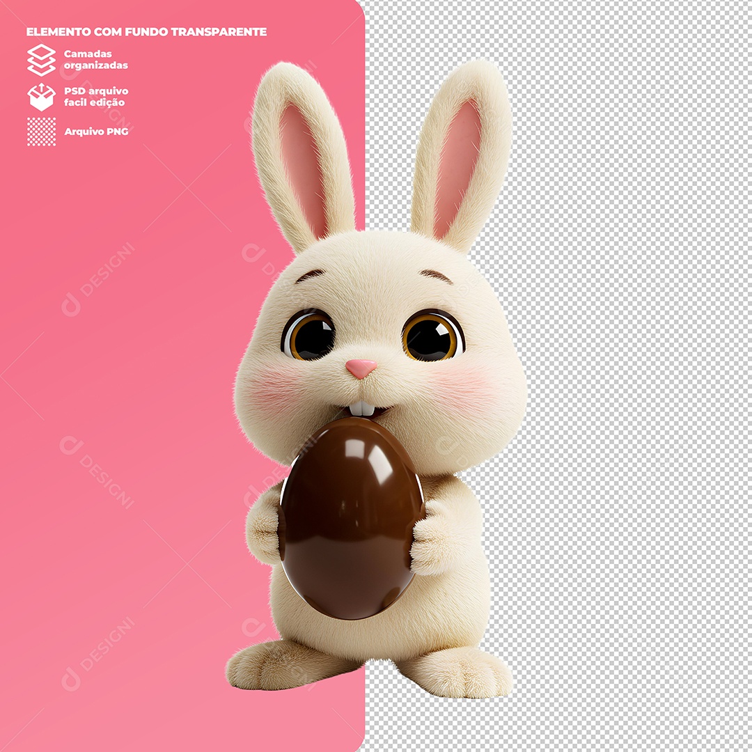 Coelho da Páscoa Segurando Ovo da Páscoa Elemento 3D Para Composição PSD Editável