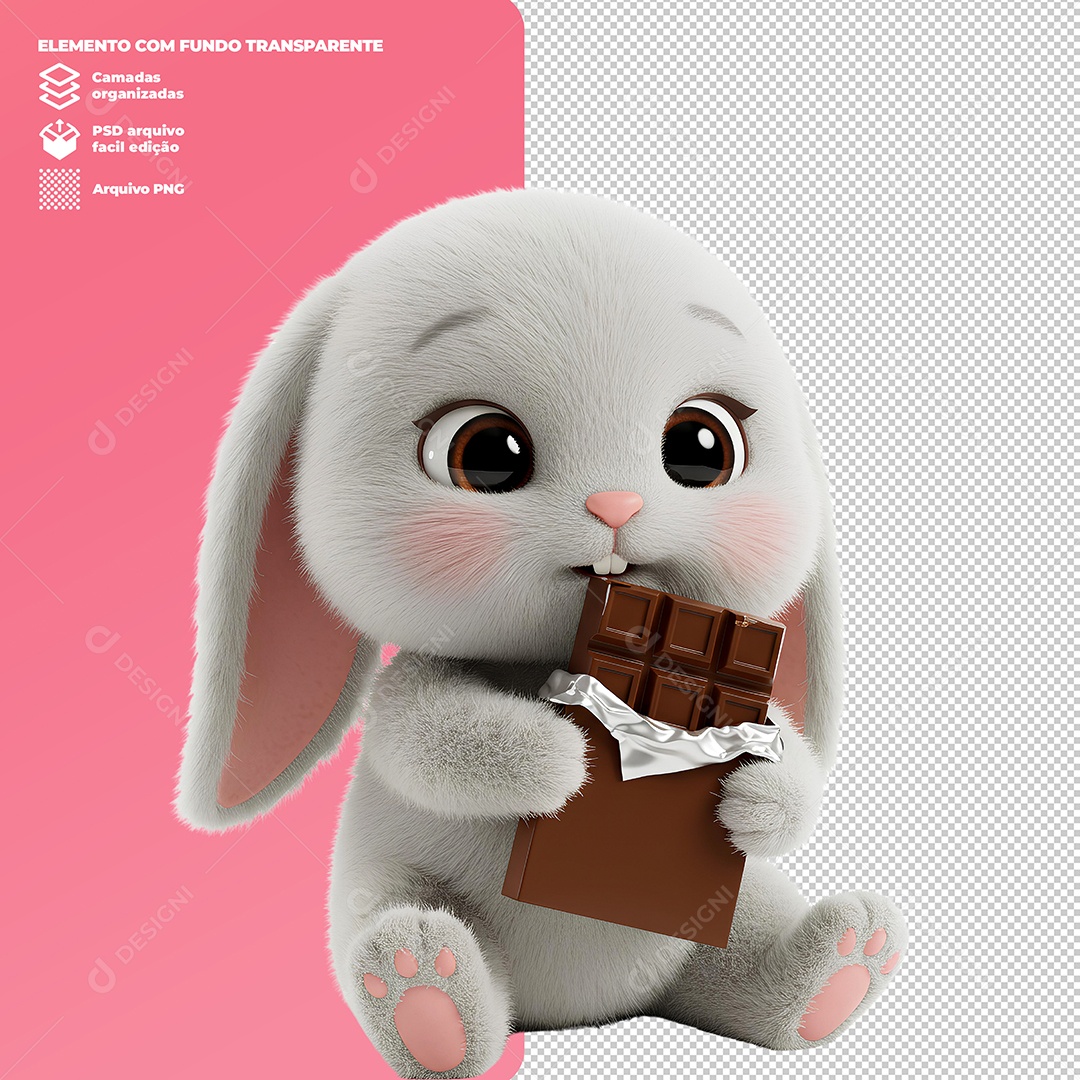 Coelha da Páscoa Comendo Chocolate Elemento 3D Para Composição PSD Editável