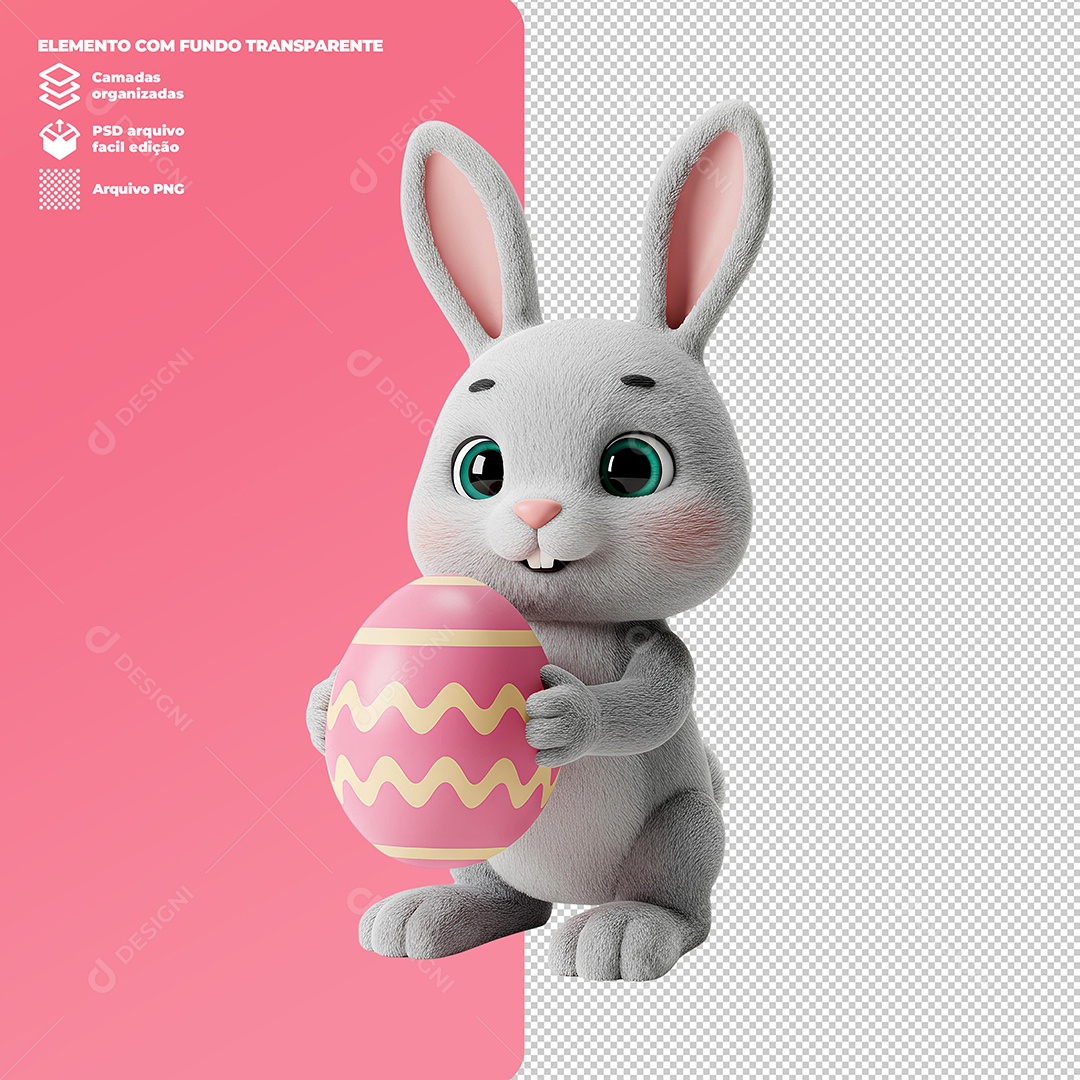 Coelho da Páscoa Segurando Ovo Elemento 3D Para Composição PSD Editável