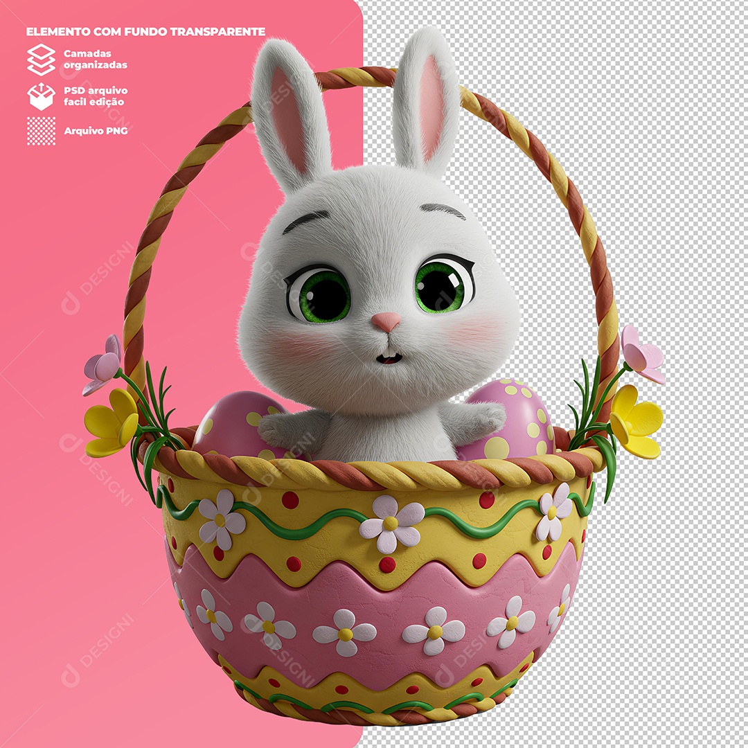Coelha da Páscoa Dentro da Cesta Elemento 3D Para Composição PSD Editável