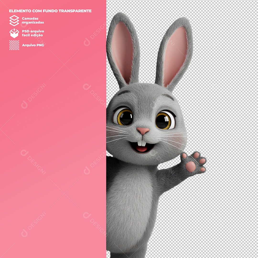 Coelho da Páscoa Acenando Elemento 3D Para Composição PSD Editável