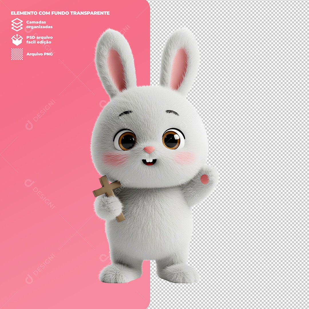 Coelho Segurando Cruz Elemento 3D Para Composição PSD Editável